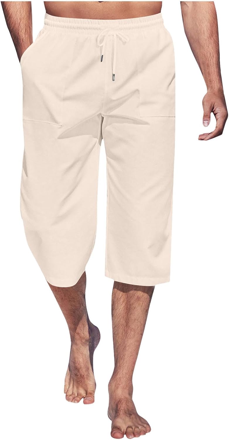 Mens Summer Linen Capri Pants Elastic Waist Drawstring Capri Pants Baggy Lightweight Cropped Trousers with Pockets