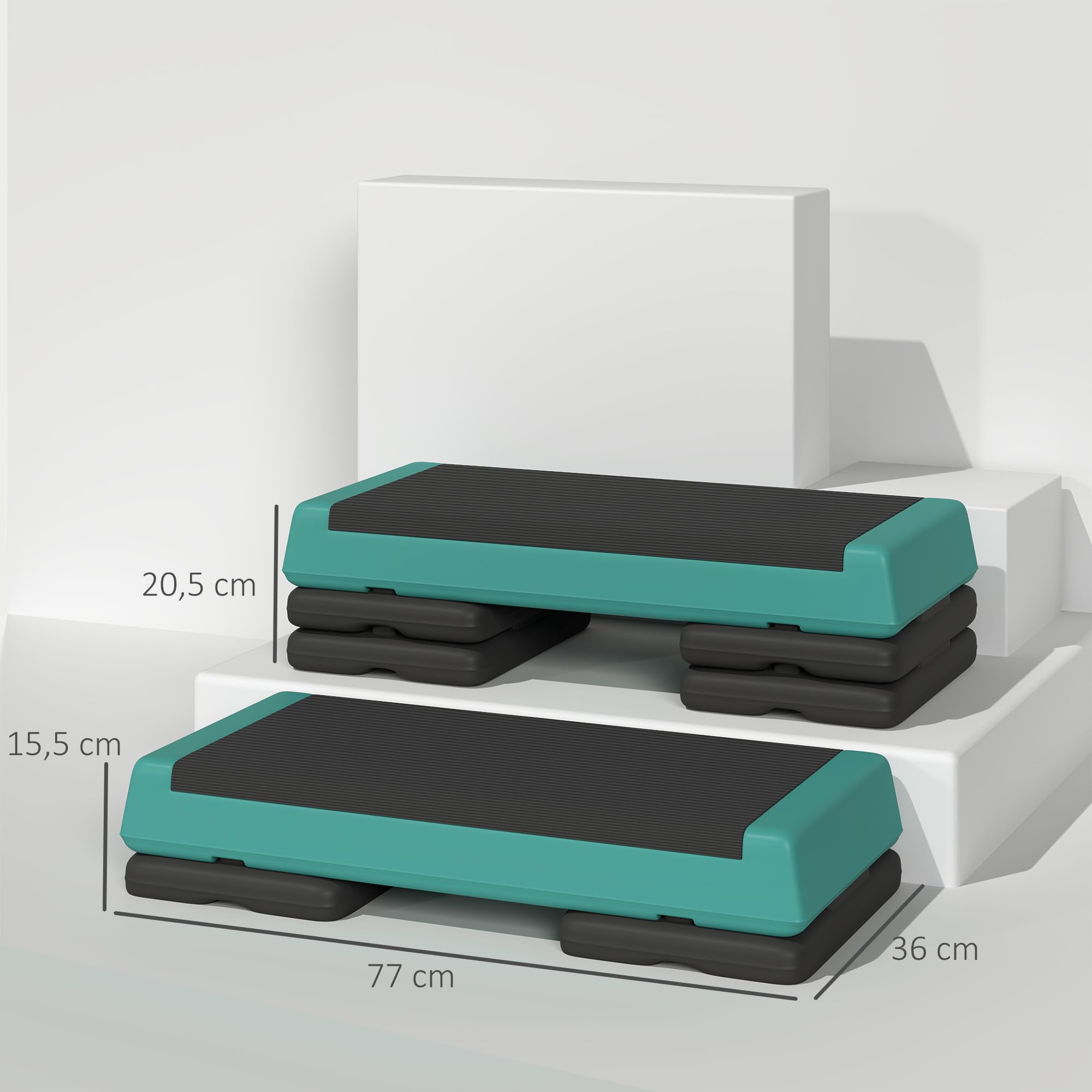 SPORTNOW Step de Aeróbic, Step para Fitness Antideslizante, Altura Regulable 3 Niveles de 10,5/15,5/20,5 cm, Carga 250 kg, para Ejercicio en Casa, Gimnasio, 77x36x20,5 cm