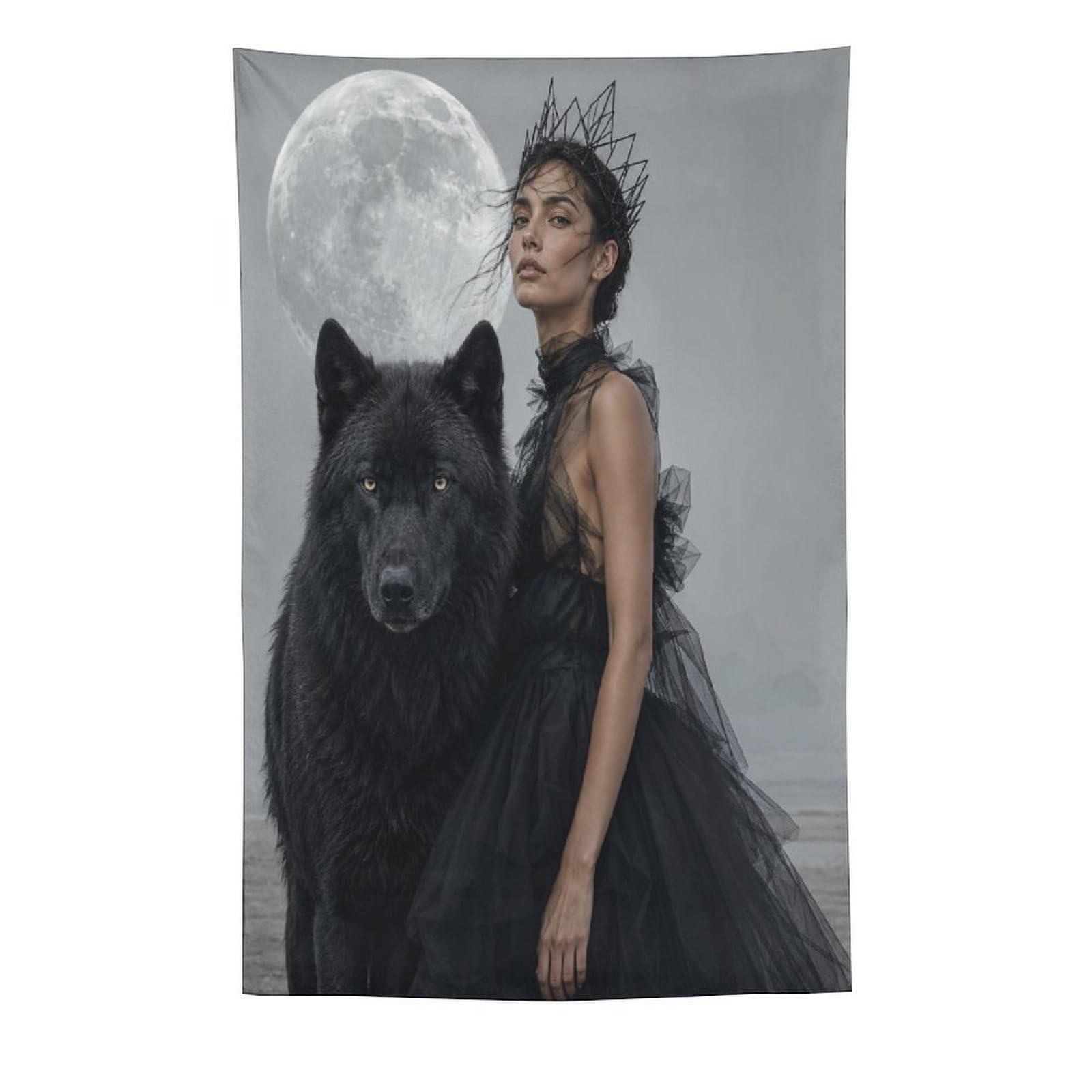 H3B8U2Y5 Woman with Black Wolf Wall Tapestry, Surrealist Style, Sofa Area
