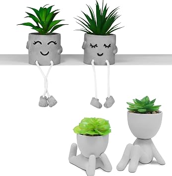 Zerzsy 2pcs Creative Artificial Succulents with Gray Flower Pots Bundle with 2PCS Cute Artificial Succulent Plants with Creative Human Shaped Pots