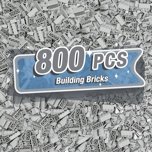 Noorastars 800 Pieces Building Bricks, 5 Sizes Building Pieces, Classic Slope Block Bulks - Compatible with All Major Brands, Light Grey