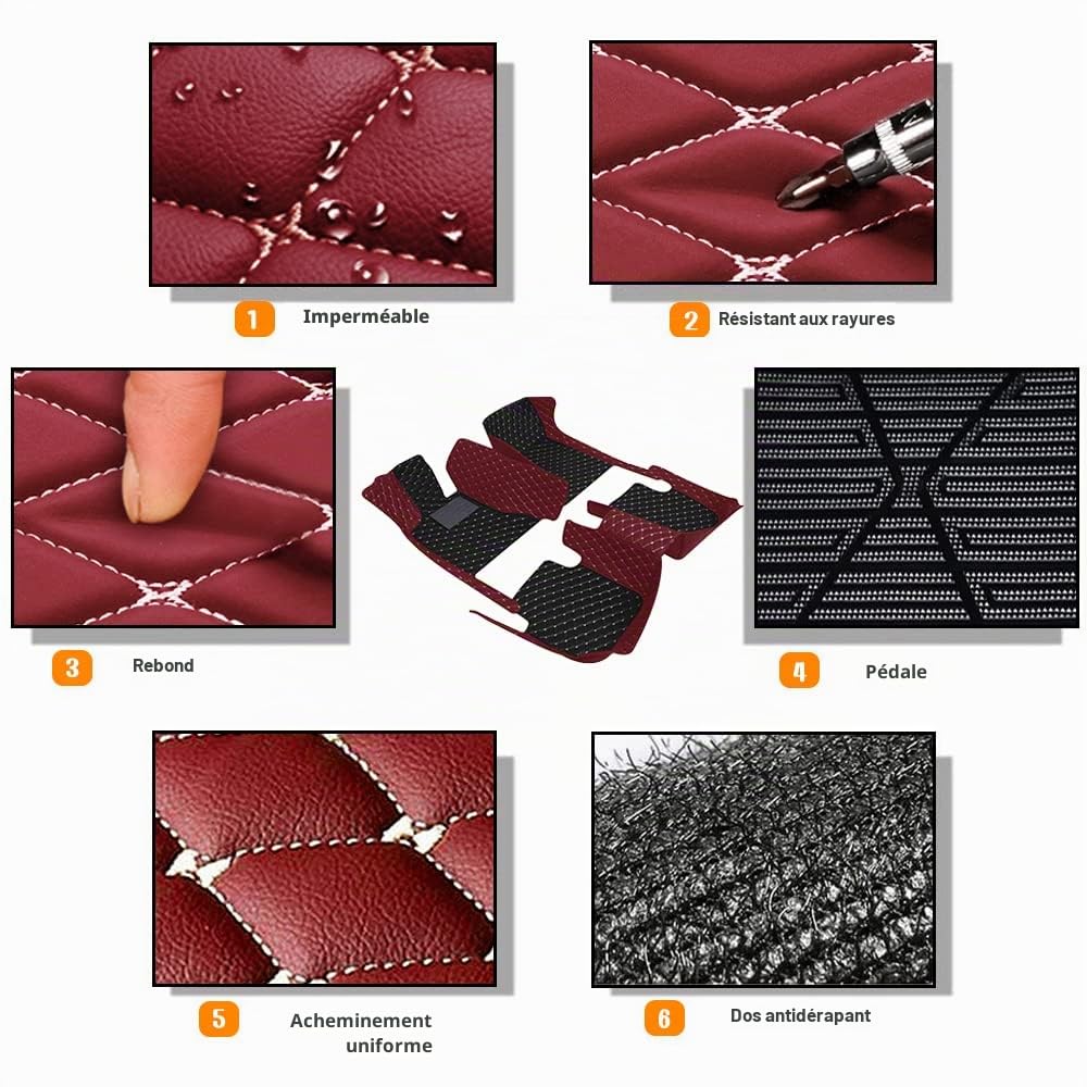 Les Tapis de Sol sur Mesure de Blackwheel sont compatibles à 99% avec Tous Les modèles de Voitures, fabriqués en Cuir imperméable et antidérapant, et Peuvent être personnalisés (Orange et Noir).