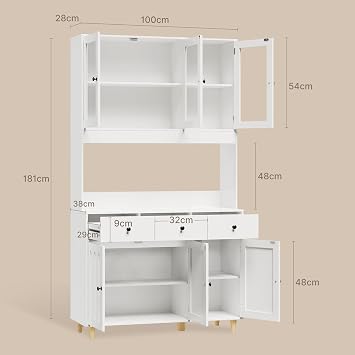 Xbro Kitchen Cupboard with LED Light & Power Outlet, 181cm Tall Pantry Cupboard with Acrylic Doors, Drawers & Adjustable Shelves, Buffet Sideboard Larder Cupboard with Large Countertop