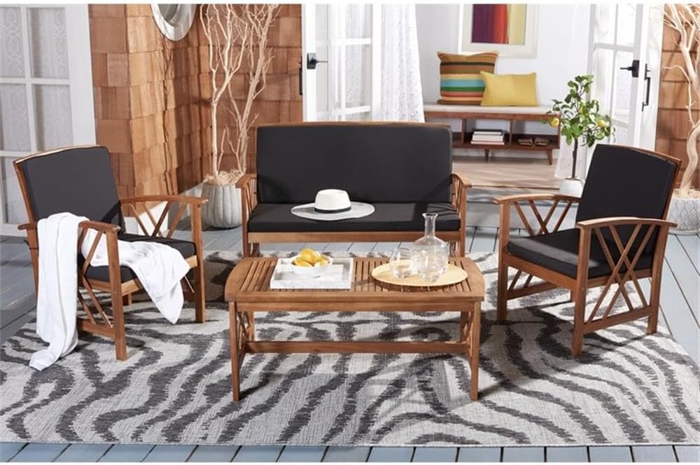 Pemberly Row Transitional Wood 4-Piece Outdoor Set, Natural/Black Finish, Acacia and Galvanized Steel, Weather-Resistant Patio Furniture with Bench, Chairs, and Table for Garden, Poolside, Hosting Use