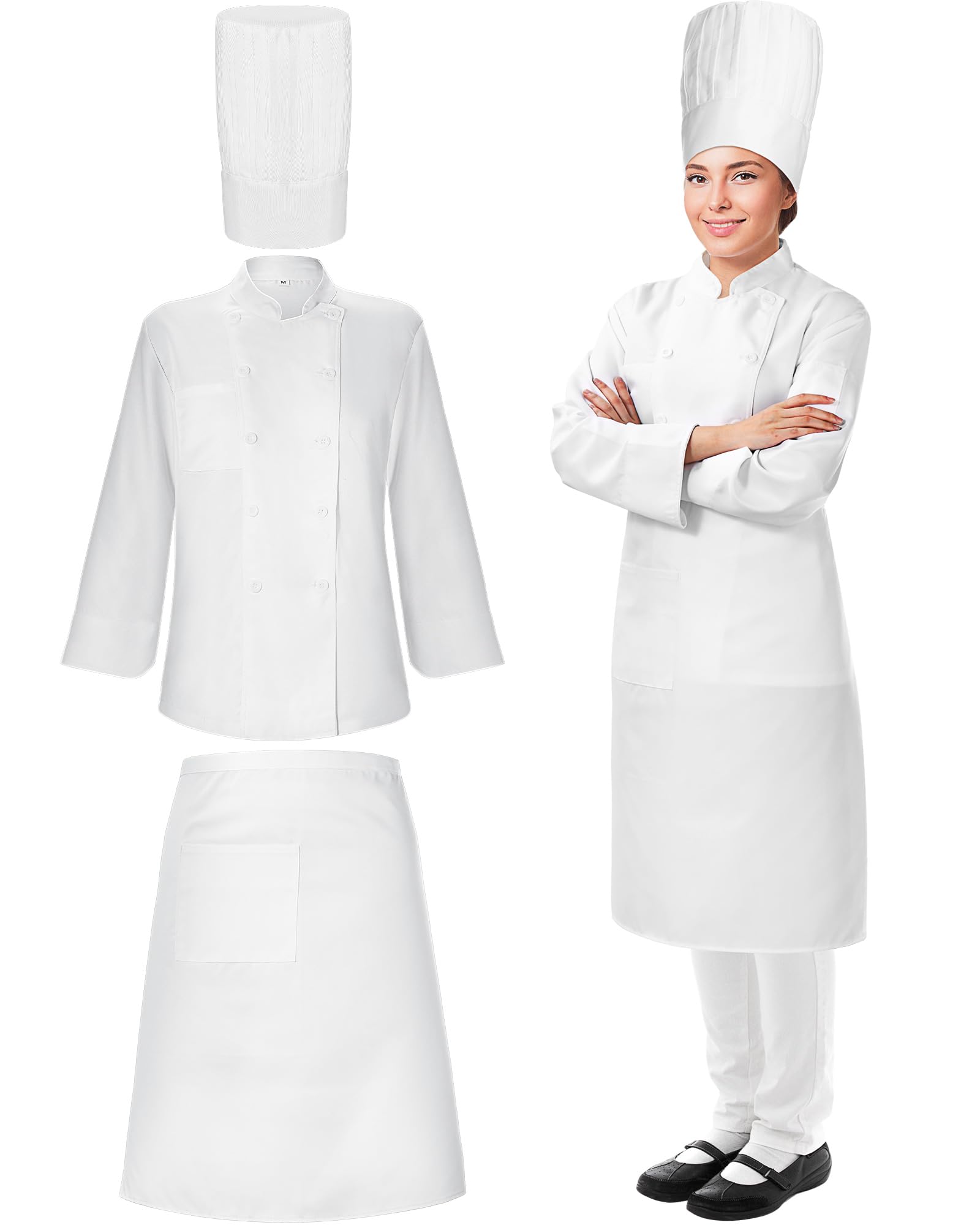 Hillban Juego de 3 piezas de abrigo de chef unisex para mujer, uniforme alto, sombrero, disfraz, camisa, delantal de bistró