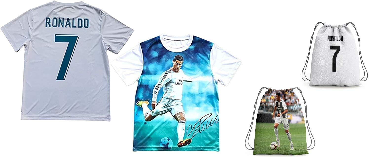 Sport Fans Edge Ronaldo Jersey Style T-Shirt Kids Cristiano Ronaldo Jersey Picture T-Shirt Gift Set Youth Sizes ✓ Premium Quality ✓ ✓ Soccer Backpack Gift Packaging (YM 8-10 Years Old, Ronaldo)