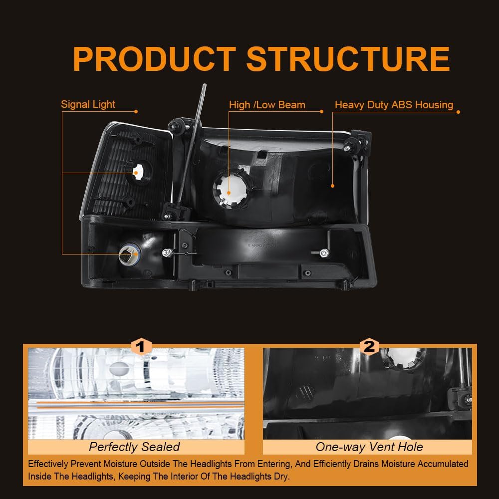 LED DRL Headlight Assembly, Headlights Kit Compatible with 1992 1993 1994 1995 1996 Ford F150 F250 F350/1992-1996 Bronco Replacement Headlamp Black Housing Clear Reflector