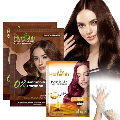 Herbishh Chestnut Brown Shampoo for Gray Hair, Hair Dye Shampoo 3 in 1, 100% Grey Coverage, Instant Permanent Shampoo for Men & Women, Long-lasting & Travel-friendly, Ammonia-free, 30 ml (Pack of 2)