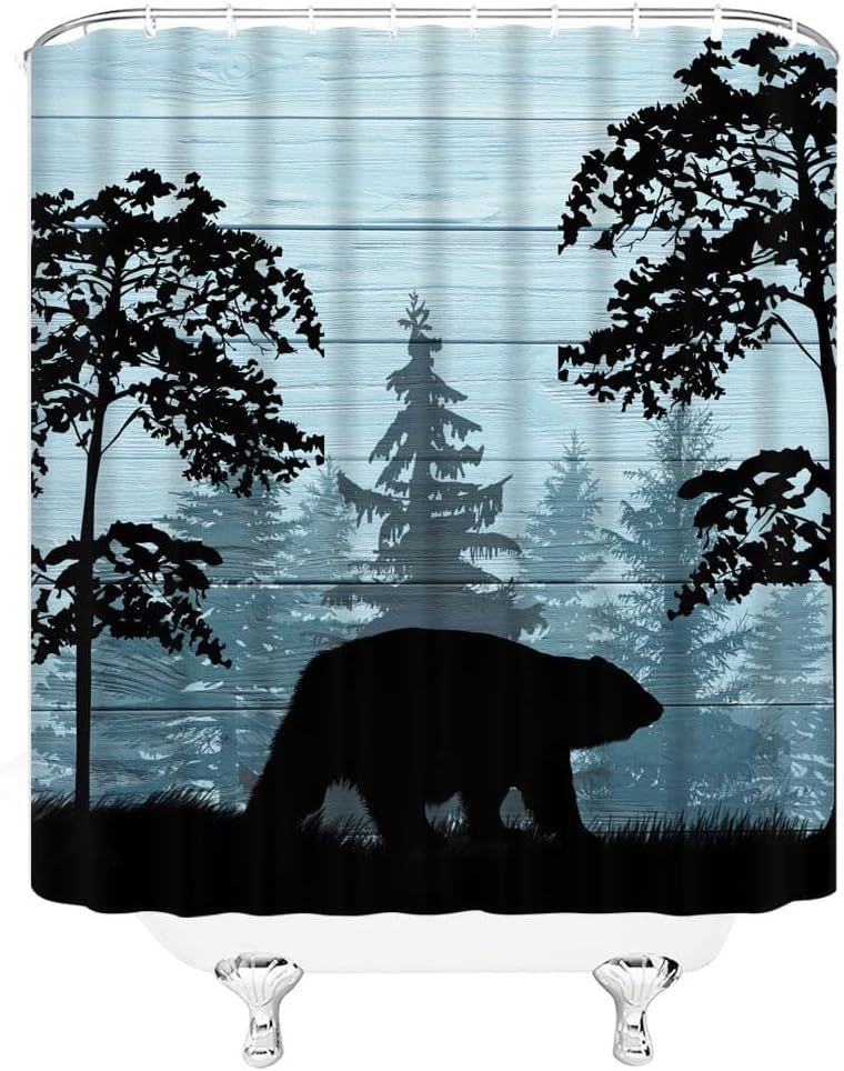 Rustic Bear Forest Shower Curtain Cabin Wildlife Animal Vintage Wooden Board Country Hunting Camping Nature Polyester Curtains Bathroom Decor with Hooks 70" Wx78 H