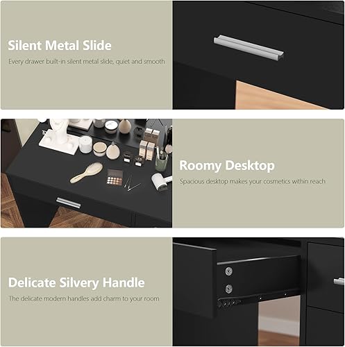 Miniatura 6 de usikey Tocador con Espejo y Luces, Tocador con Toma de Corriente, Tocador de Maquillaje con Espejo Grande y 5 Cajones, Mesa de Tocador con Taburete