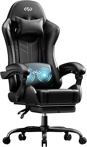 HLDIRECT Silla para juegos, asiento ergonómico para videojuegos con giro de 360 y masaje lumbar, silla de computadora con cojín de cuero sintético