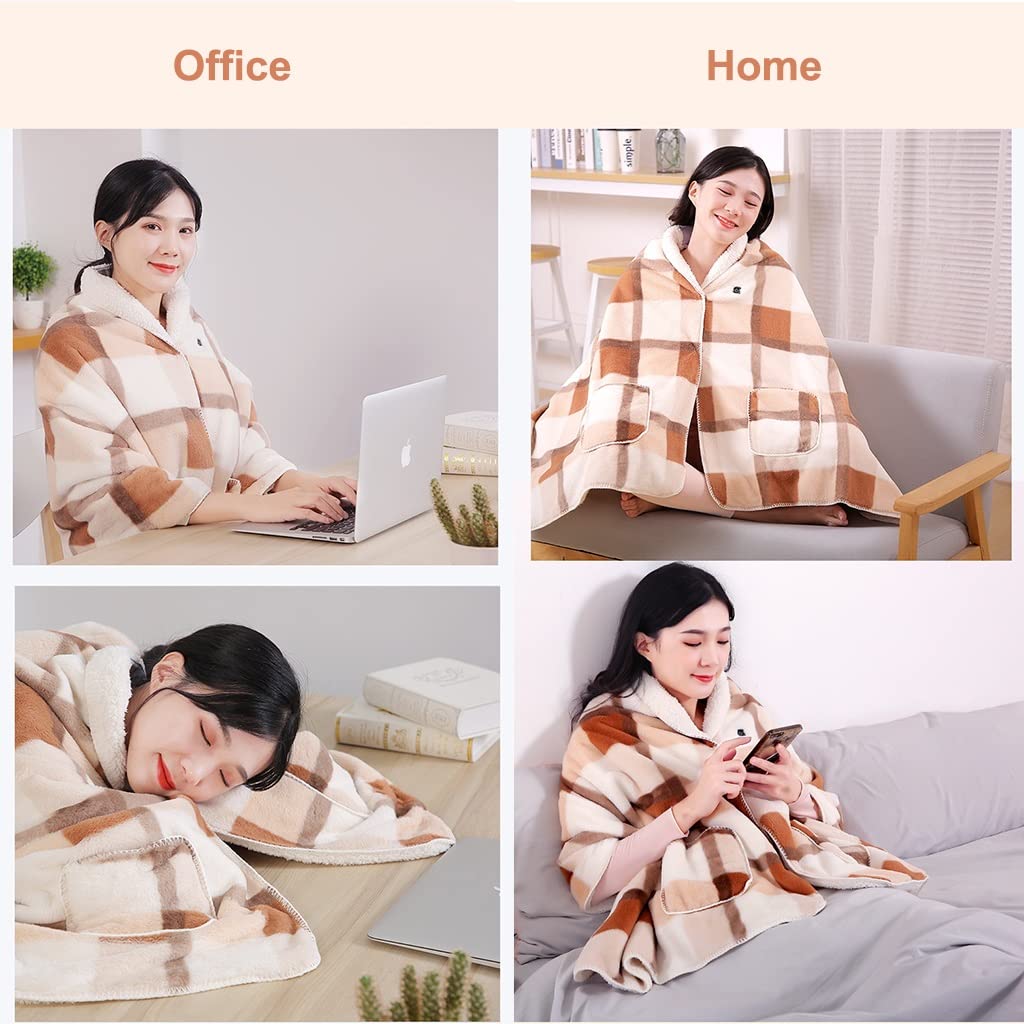 Couverture châle chauffante USB Portable avec 3 chauffages et minuterie & Poches, Couverture chauffante électrique Portable Lavable en Machine for Voyage, 67" x 27", Polaire Sherpa à Carreaux