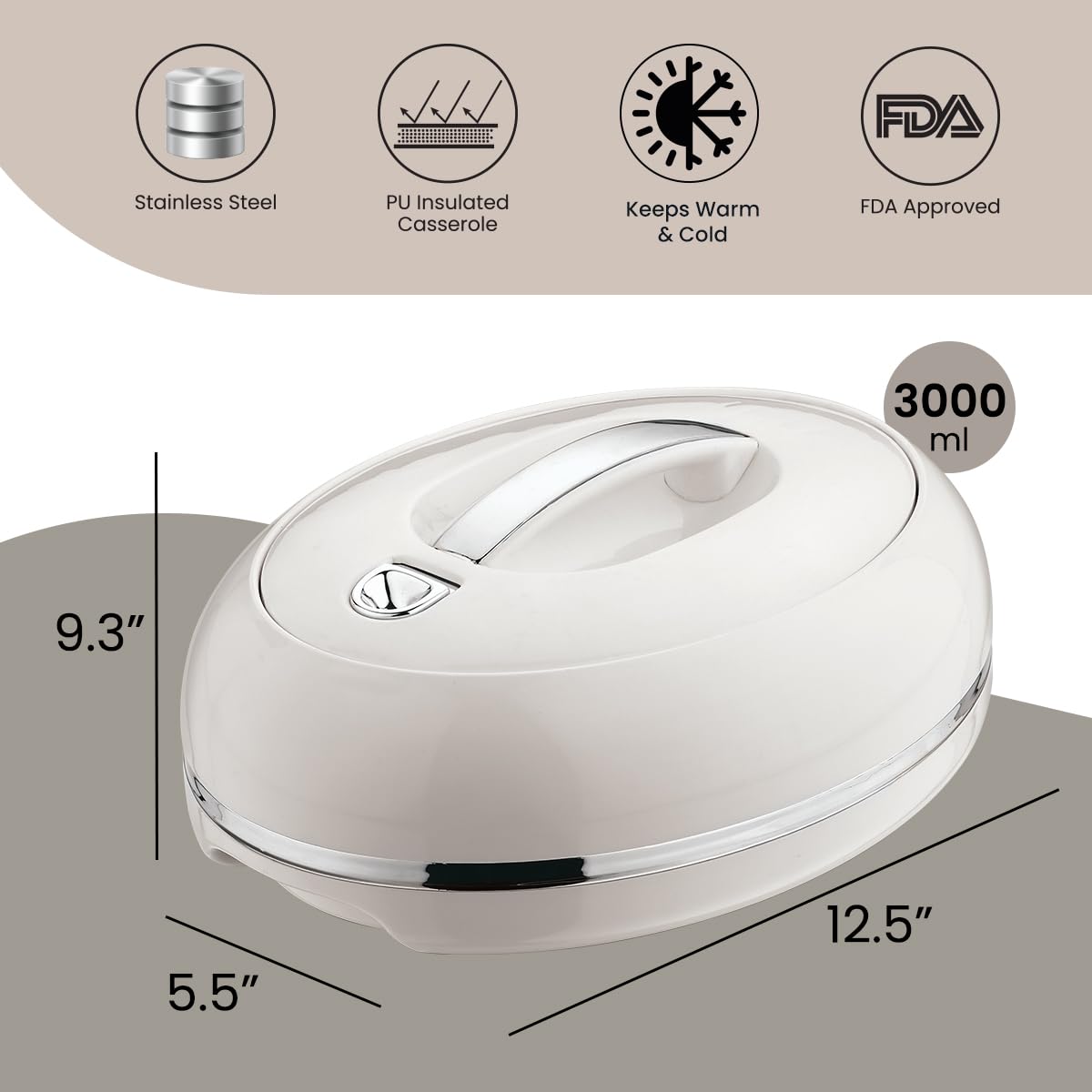 Elegante casseruola ovale isolata grande – coperchio aperto con una mano – 0,9 l – scaldavivande di lusso – ciotola termica per buffet/feste – contenitore per alimenti caldi in acciaio inox – argento