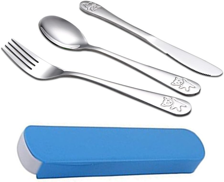 Camping Cutlery Set 3 Pieces Stainless Steel Reusable Cutlery Travel Tableware Set with Blue Case (Blue)
