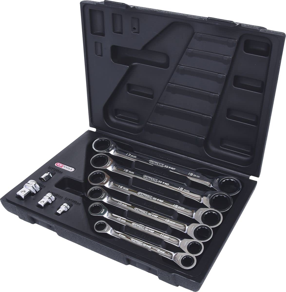 KS Tools 503.4560 GEAR+ Zestaw podwójnych kluczy oczkowych z grzechotka, 10szt 8x9-17x19mm z adapt