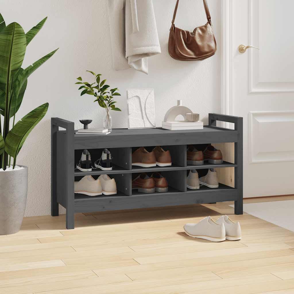 Banco de pasillo de madera de pino maciza, gris, 110 x 40 x 60 cm, con 6 compartimentos, espacio de almacenamiento, para pasillo, pasillo, salón, orden y ahorro de espacio