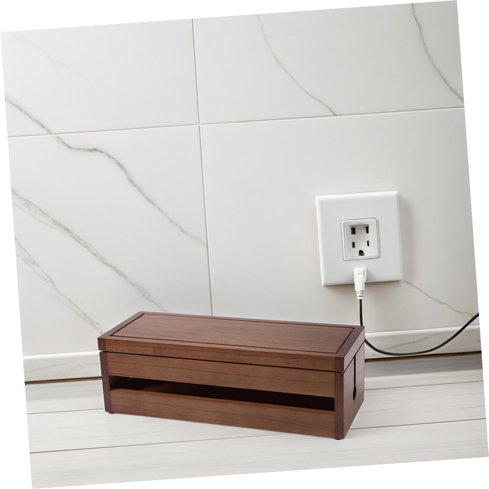 Organizador de Cables Color Café de Madera Maciza Grande Tapa Desmontable