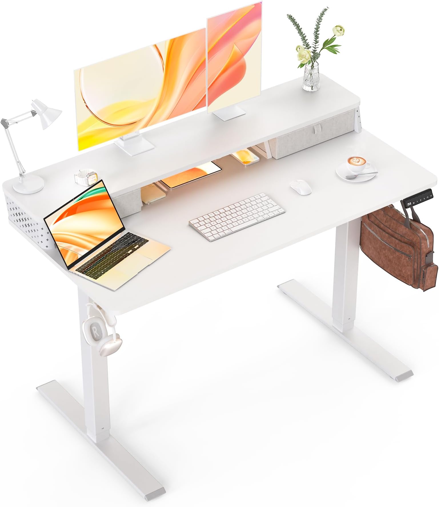 Electric Standing Desk with Two Drawers, 48" x 24" Sit Stand Desk for Walking Pad, Ergonomic Stand Up Desk for Home Office & Gaming, 3 Memory Height Preset & Hooks(White)