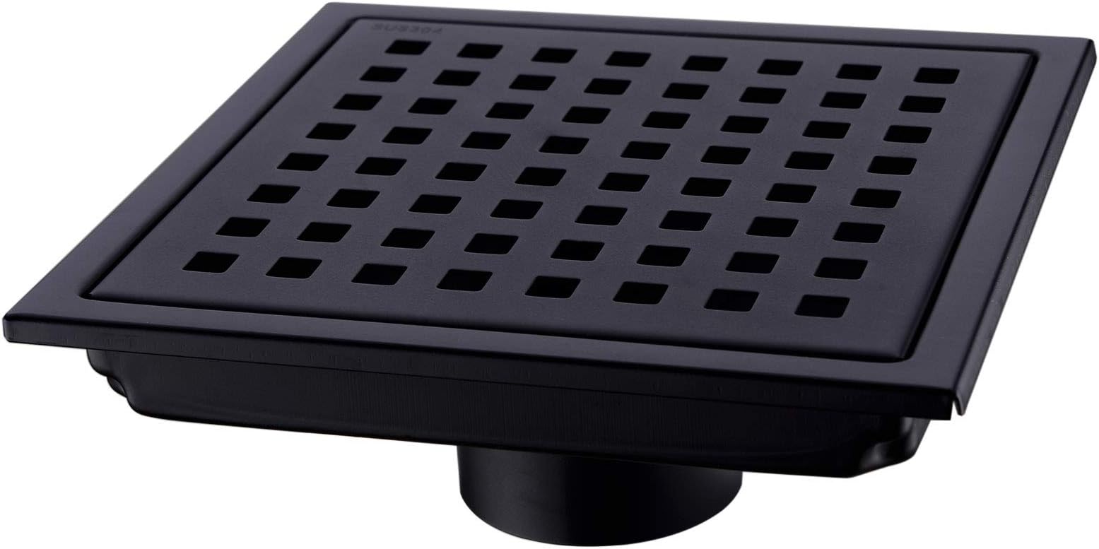 Square Shower Floor Drain with Removable Cover Grid Grate 6 inch Long, SUS 304 Stainless Steel Black Plated Finish