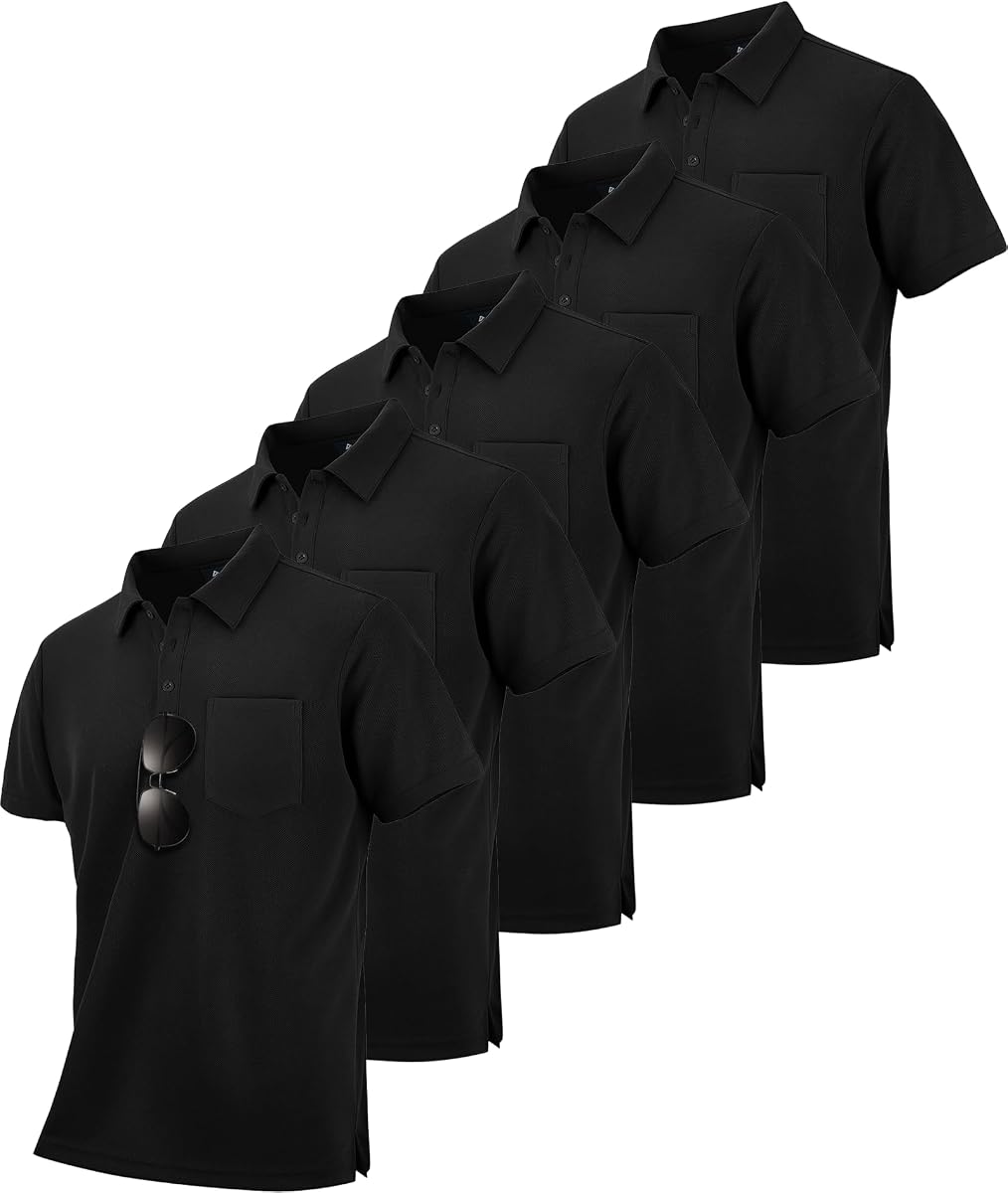 SCODI 5 Pack Mens Pocket Polo Shirts Short Sleeve Golf Casual Work T-Shirt | Athletic, Workout, Tennis, Outdoor Activities, Office, Business, Moisture Wicking, Quick Drying, Breathable, Machine Washable