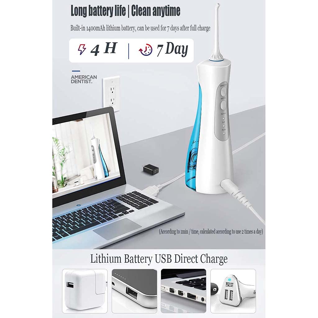 TJH Flosser de Agua inalámbrico de 3 Modos Irrigador bucal Dental, IPX7 Impermeable 170ML Flosser de Agua protable y Recargable con 6 Puntas de Chorro para el Cuidado de Viajes, hogar y Puentes