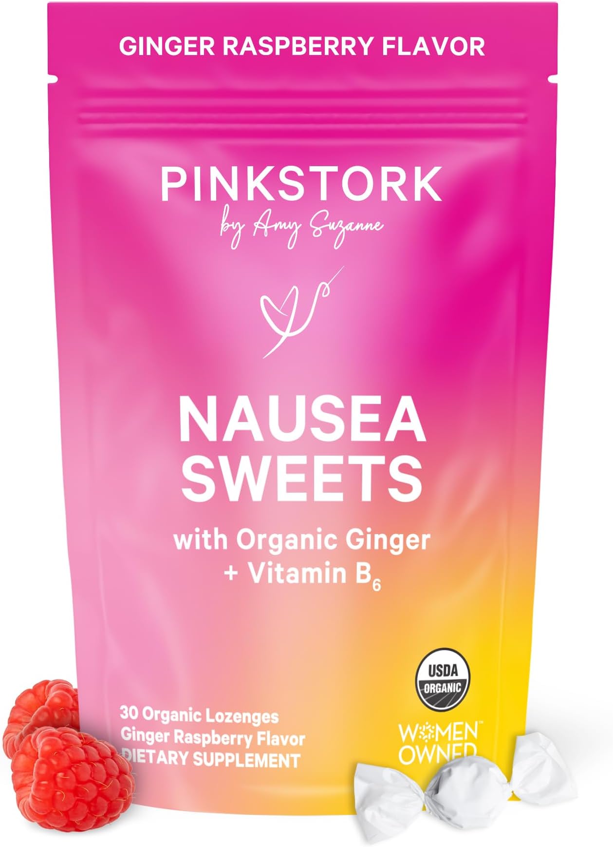 Organic Ginger Raspberry Sweets with Vitamin B6 for Morning Sickness and Motion Sickness, Added Ginger & Vitamin B6, 1st Trimester Pregnancy Must Haves - 30 Wrapped Candies