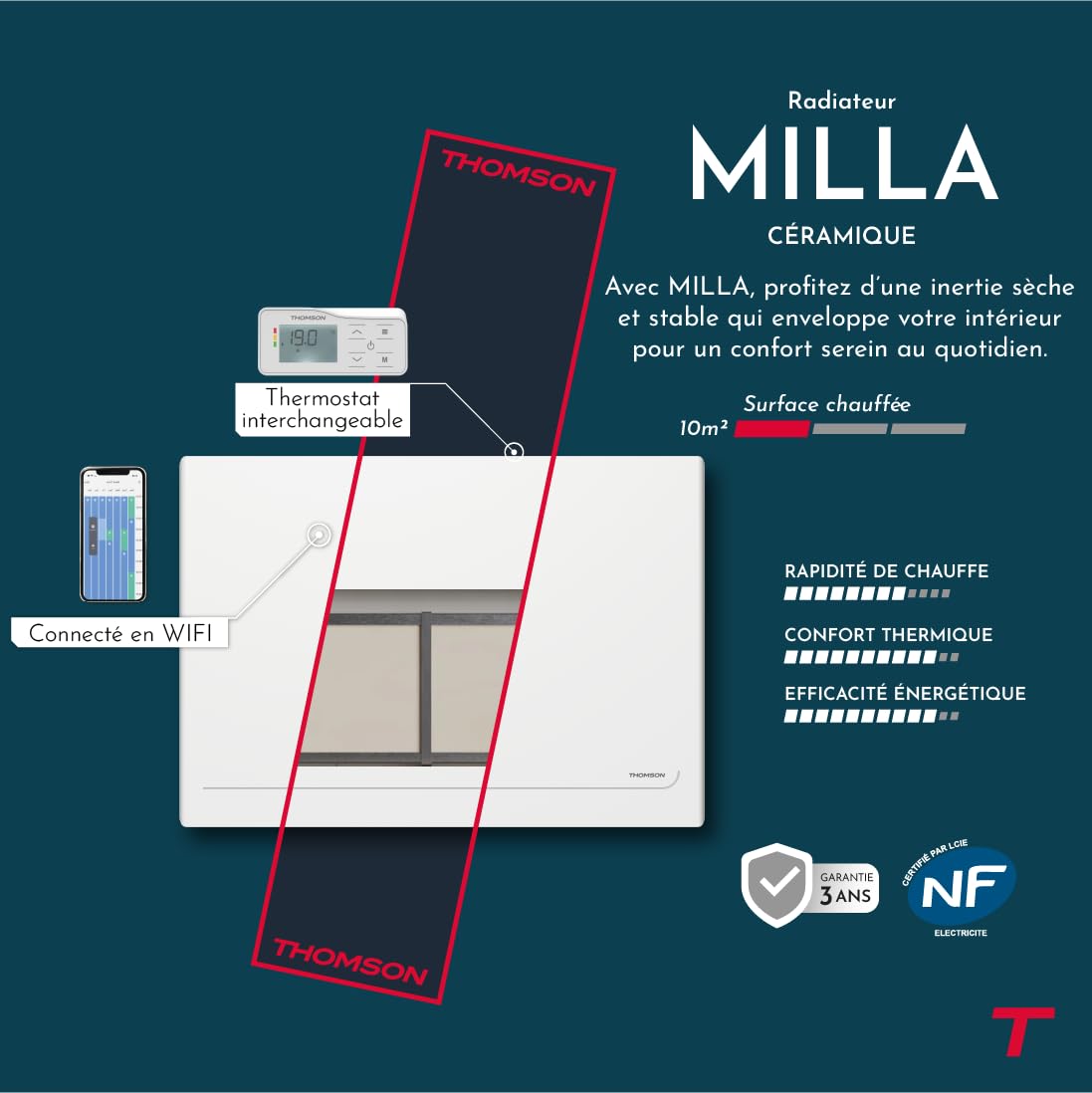 THOMSON - Radiatore elettrico fisso collegato WiFi inerzia secca ceramica con termostato intercambiabile 1000W THOMSON MILLA orizzontale bianco