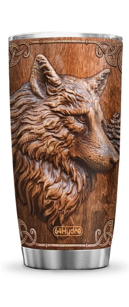64HYDRO 20oz Wolf Gifts for Men, Dad, Son, Husband, Valentines Day Gifts for Him, Her, Unique Birthday Gifts Printed Wooden Style Wolf Tumbler Cup, Travel Coffee Mug with Lid
