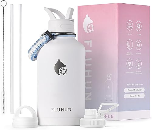 Botella de agua de medio galón aislada, botella de agua de 64 onzas, tapas con pajilla y asa, jarra de agua de medio galón de doble pared, perfecta