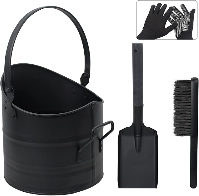BRIAN & DANY Coal Scuttle Bucket with Lid, Ash Buckets for fireplaces, 10L Pail with Shovel and Hand Broom, Tool Set Accessories for Fireplace, Fire Pit, Wood Burning Stove