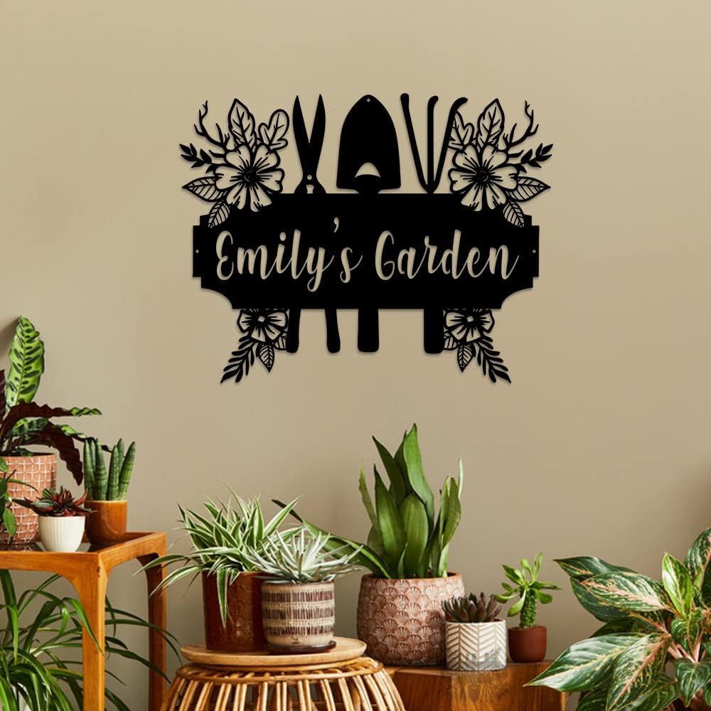 MeMate Garden Signs Metal, Flowers Garden Signs to Personalize, Personalized Garden Metal Signs Outdoor Decor, Custom Name Text Garden Plaques Decorations for Potting Shed Women Mom Grandma (01)