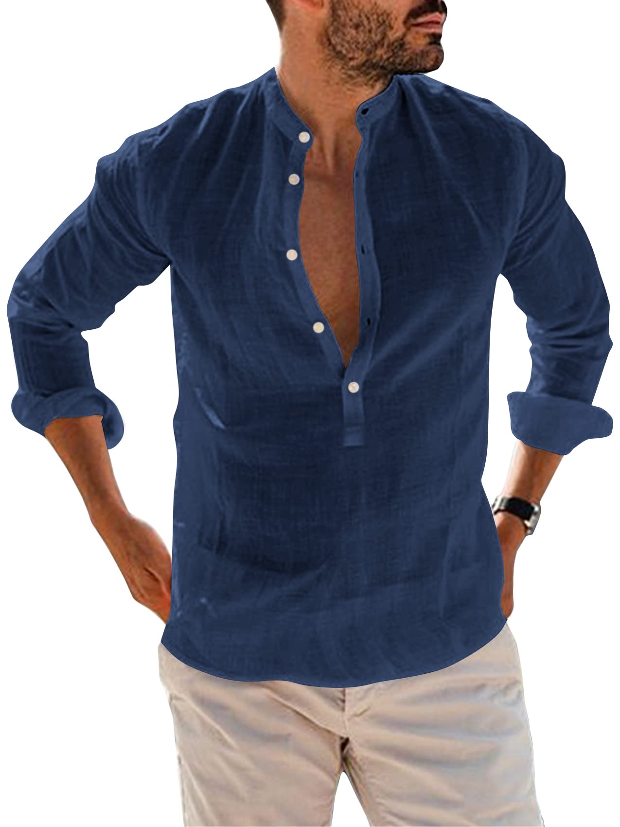 Men's Linen Henley Shirt Deep V Neck Long Sleeve Hippie Casual Beach Yoga Cotton T Shirts