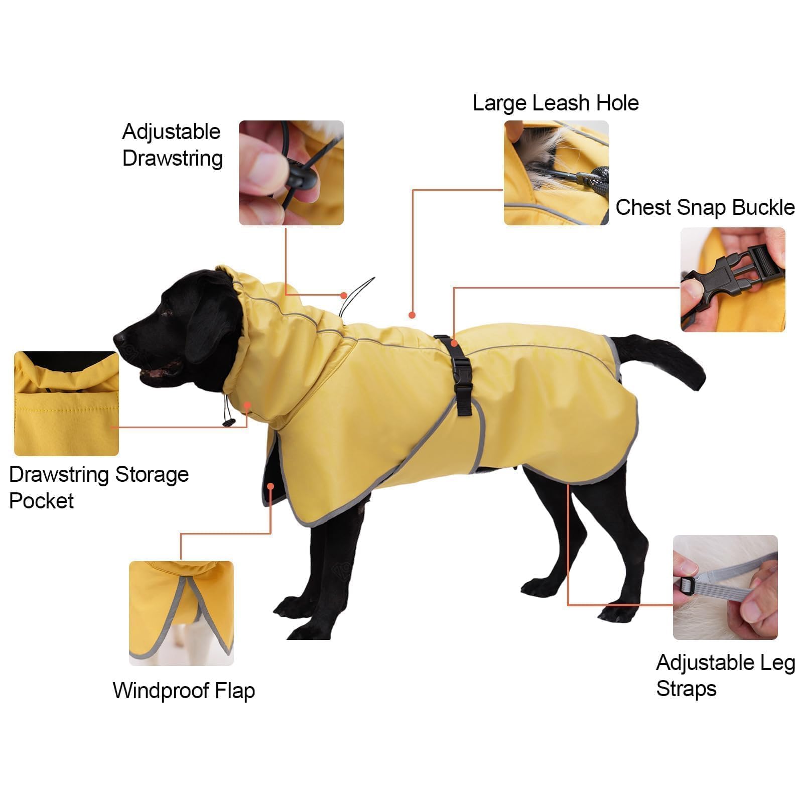 DELIFUR Impermeable para perros grandes, impermeable, poncho ajustable para perro, chaqueta impermeable ligera con forro suave para perros grandes, amarillo (XL)