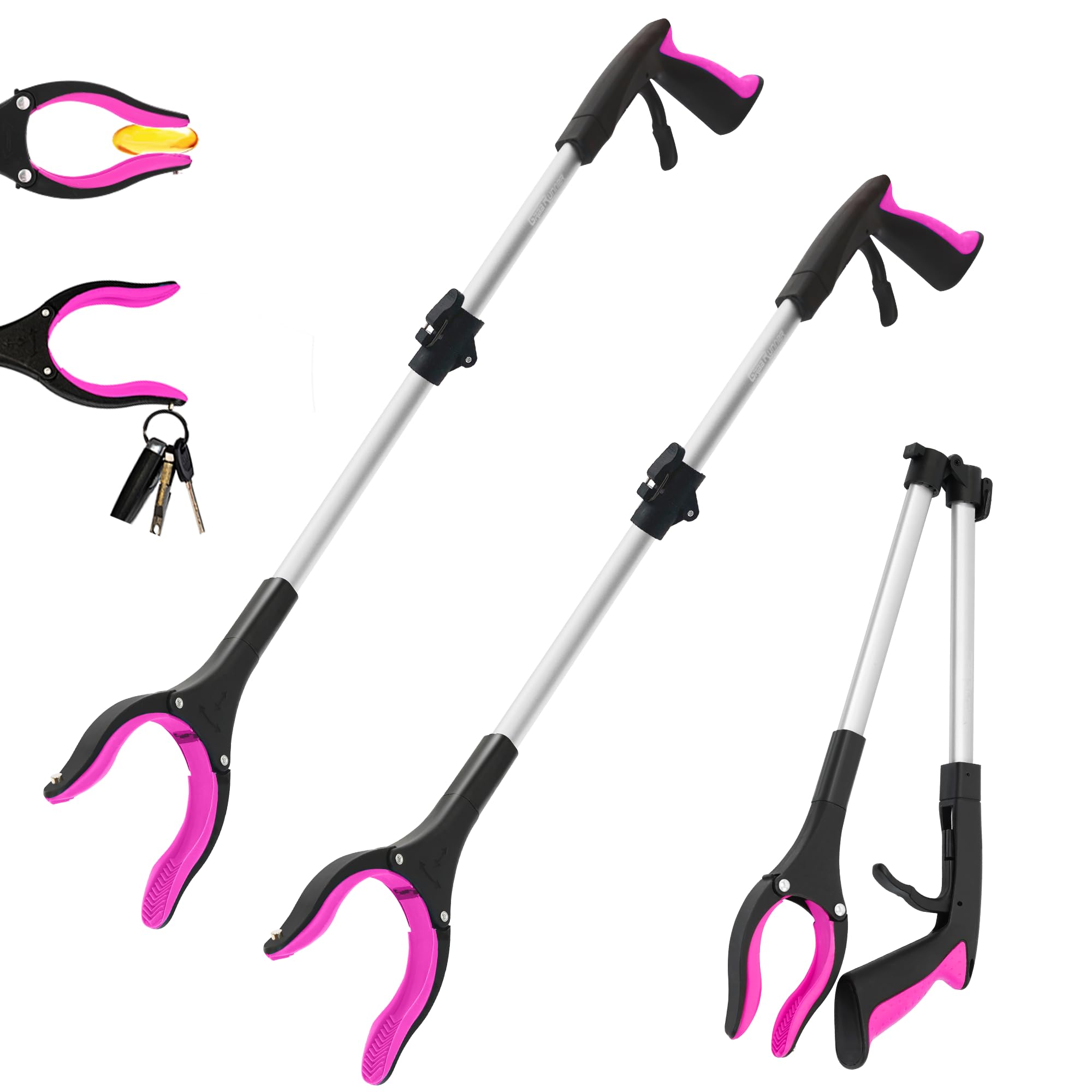 2 Pack 32 inch GrabRunner Reacher Grabber Tool with Strong Magnetic and Swivel Head (New Pink)