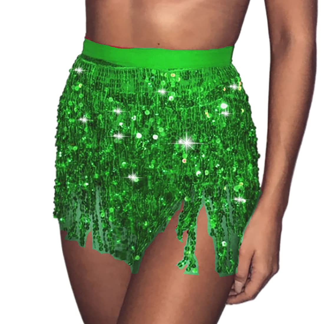 Prosy Women's Green Sequin Belly Dance Skirt Hip Belt Tassel Scarf Wrap Rave Music Festival Costume (Green)