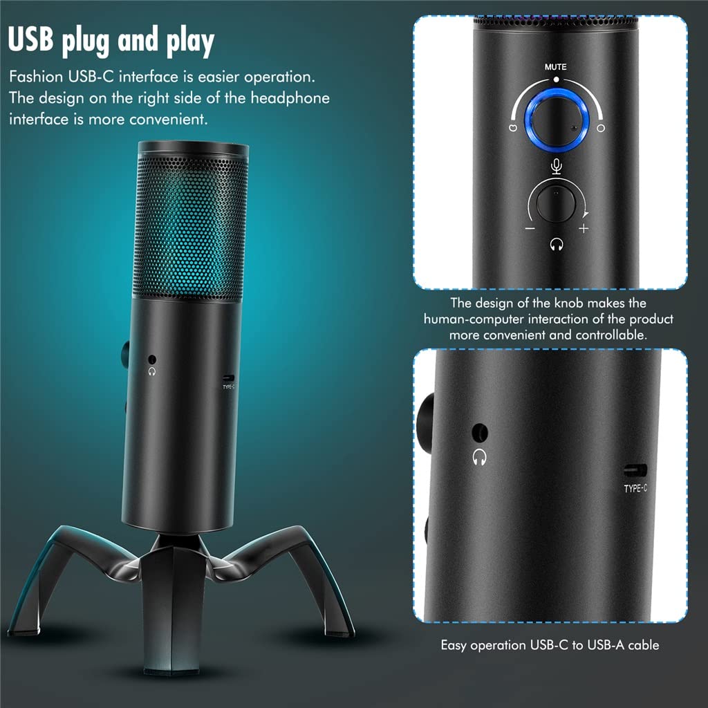 Micrófono de Condensador Profesional Juego Streaming Video Studio Micrófono USB Computadora Cinta de Audio Luz RGB