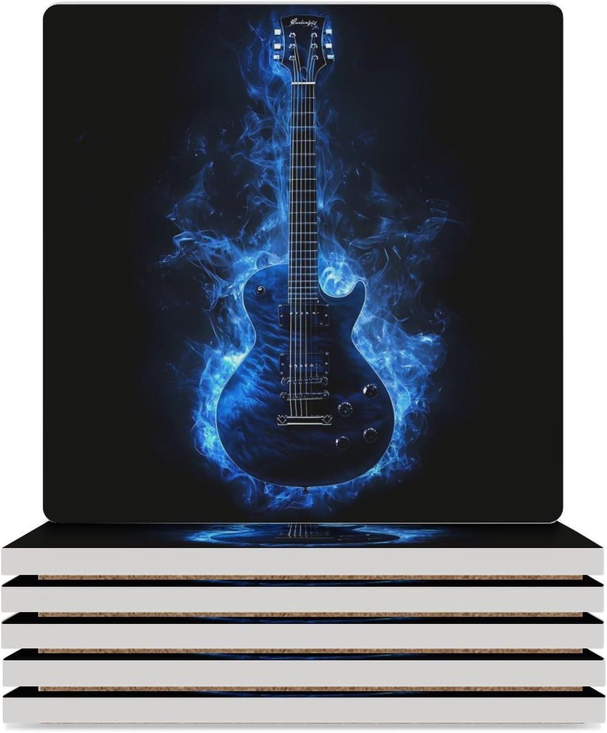 Guitar Music Flame Coasters for Drinks Square Table Coasters Set Cup Mats with Cork Base