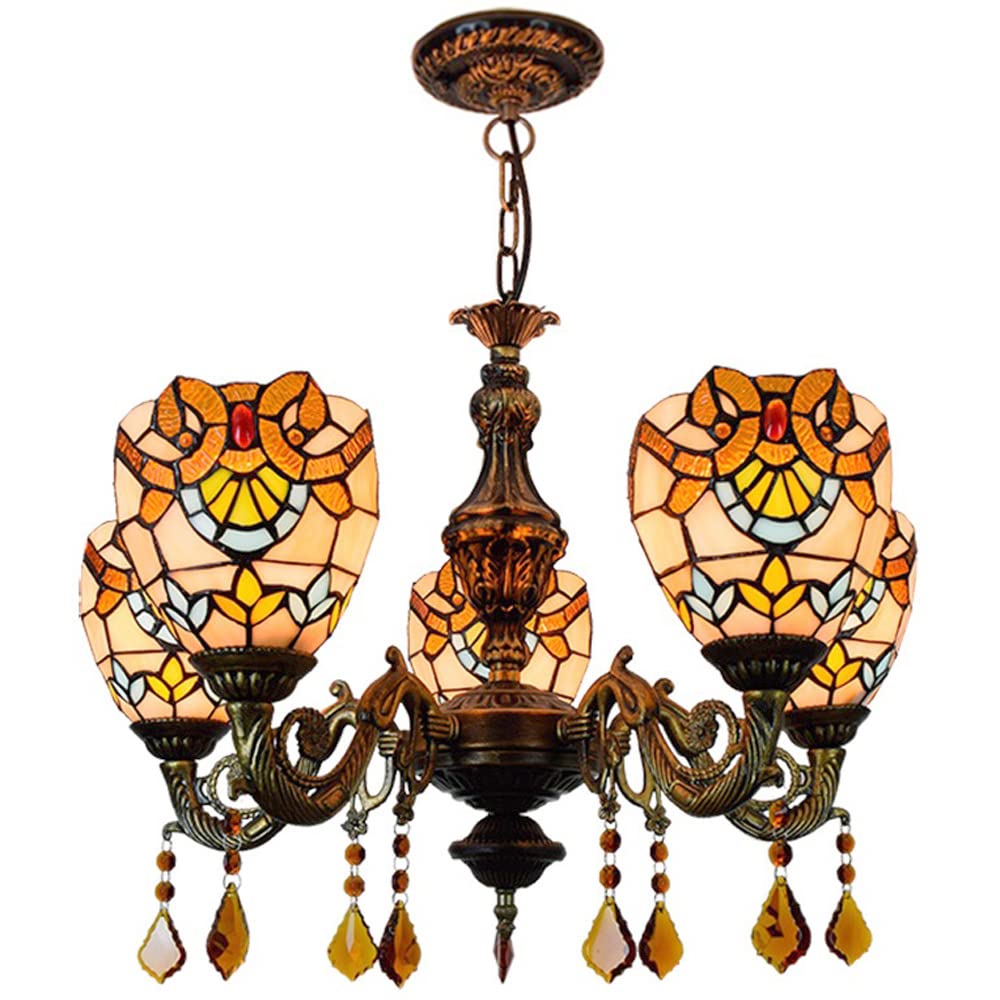 FYZDLAOR Baroque 5-Light Chandelier,Adjustable Pendant Light Light Fixtures,Tiffanystyle Stained Glass Hanging Light Wide 24 Inch with Crystal Pendant