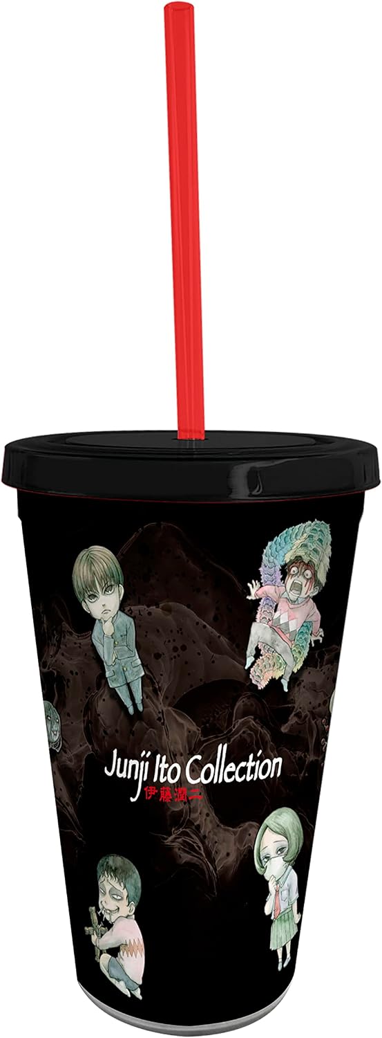 ABYSTYLE Junji Ito Chibi 16 Oz. Plastic Acrylic Tumbler Carnival Cup With Reusable Straw & Leakproof Lid BPA-Free Featuring Tomie, Souichi, Fuchi Manga Drinkware Gift