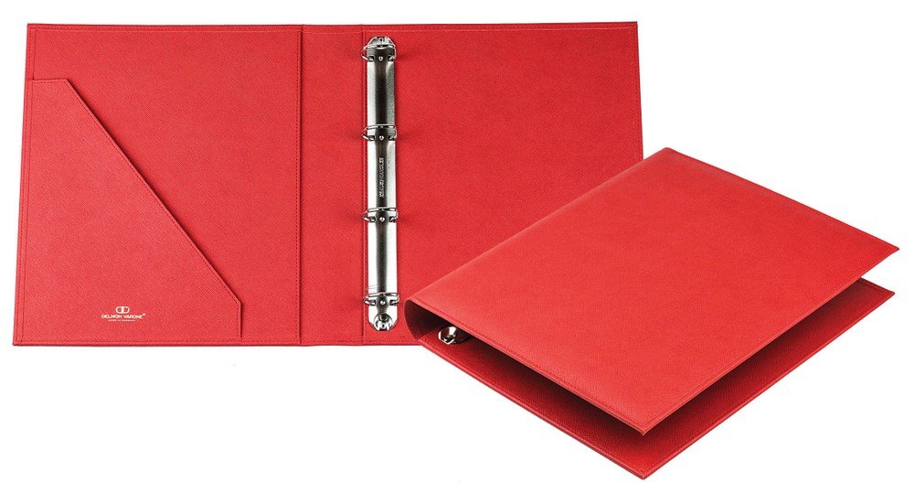 DELMON VARONE - Personalisierbare Dokumentenmappe DIN A4 aus Saffiano Lederimitat rot, Elegante Kunstleder Ringbuch Sammelmappe zum abheften von Dokumenten, Urkunden und Akten, Links mit Einsteckfach
