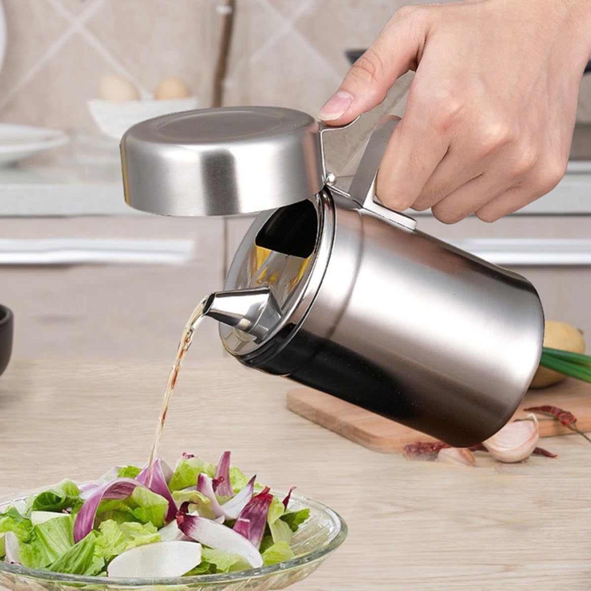 Dispensador de Aceite de Acero Inoxidable de 550ml, Botella a Prueba de Fugas con Tapa para Cocina y Condimentos Líquidos