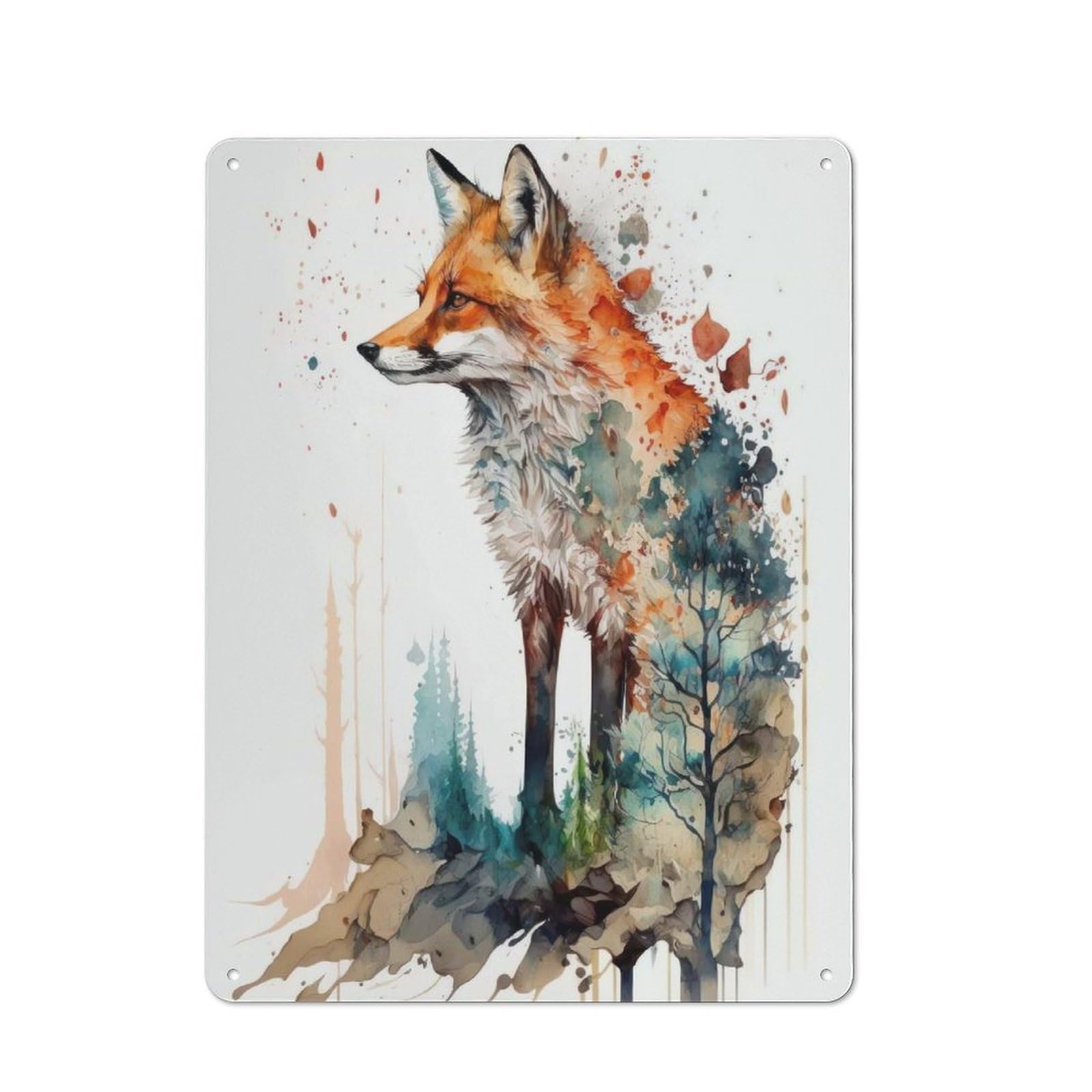 Junmoney Fox Watercolor Tin Wall Plaque 40X30cm With For Pub Or Café, A Decorative Christmas Gift For Hospitality Wall Decor Collectors