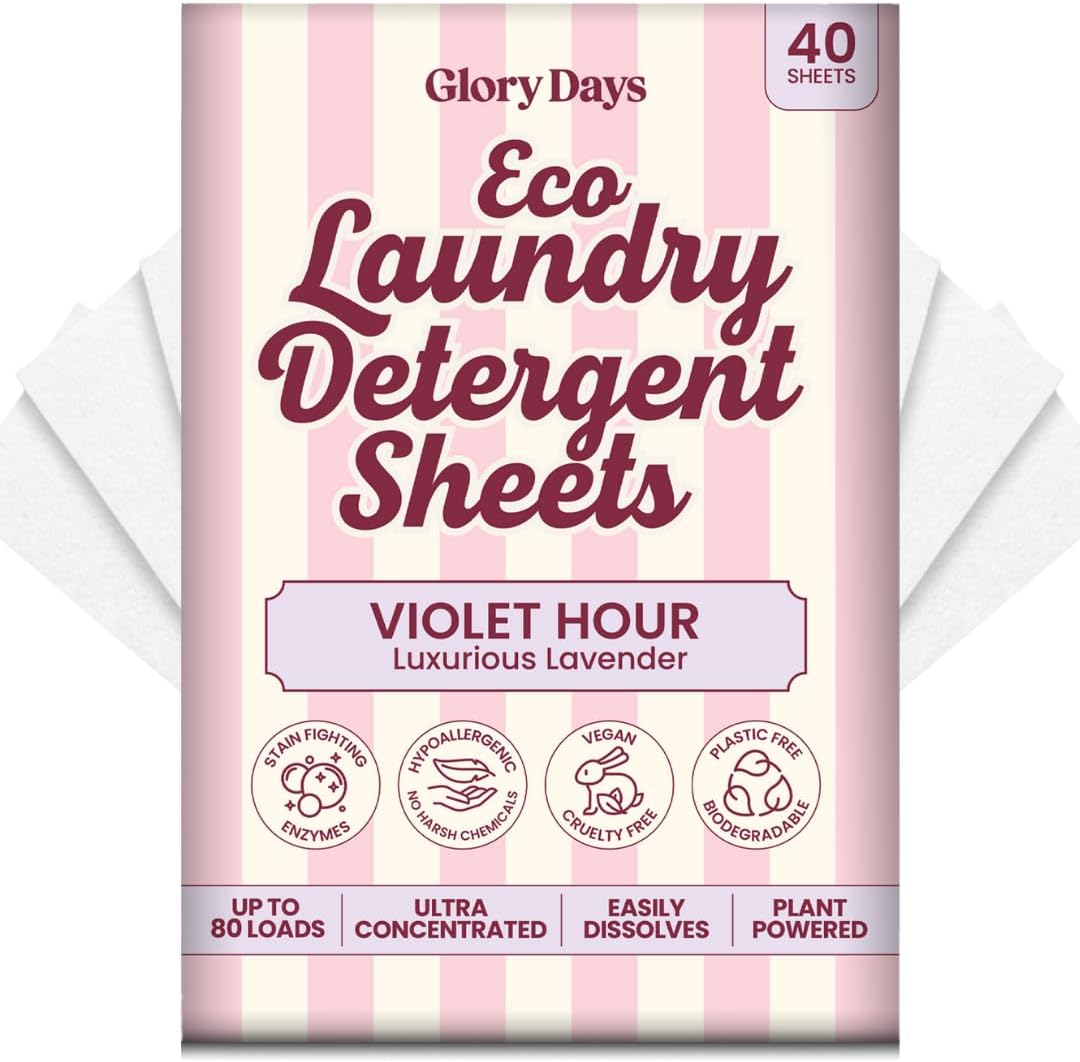 Glory Days Eco Laundry Detergent Sheets Lavender Scent – Enzyme-Powered, Plastic-Free, Gentle on Skin – 40 Sheets 80 Loads HE Compatible