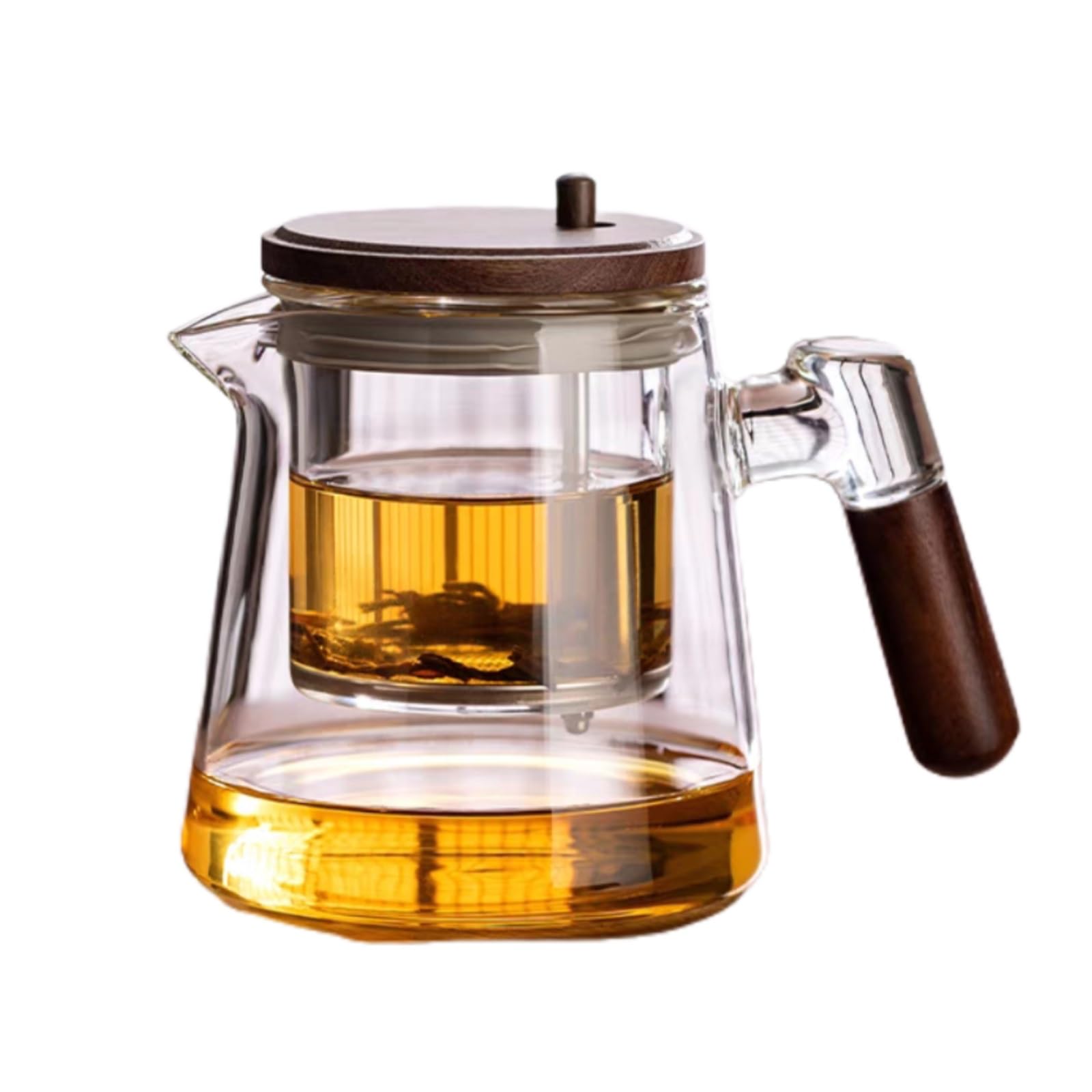 Teekanne aus Glas mit Sieb, hitzebeständige Teekanne aus Glas, 600 ml, mit Griff und Ausguss aus Walnussholz, herdplattensicherer Teekessel, transparente Teekanne mit Sieb for losen Tee(Transparent)