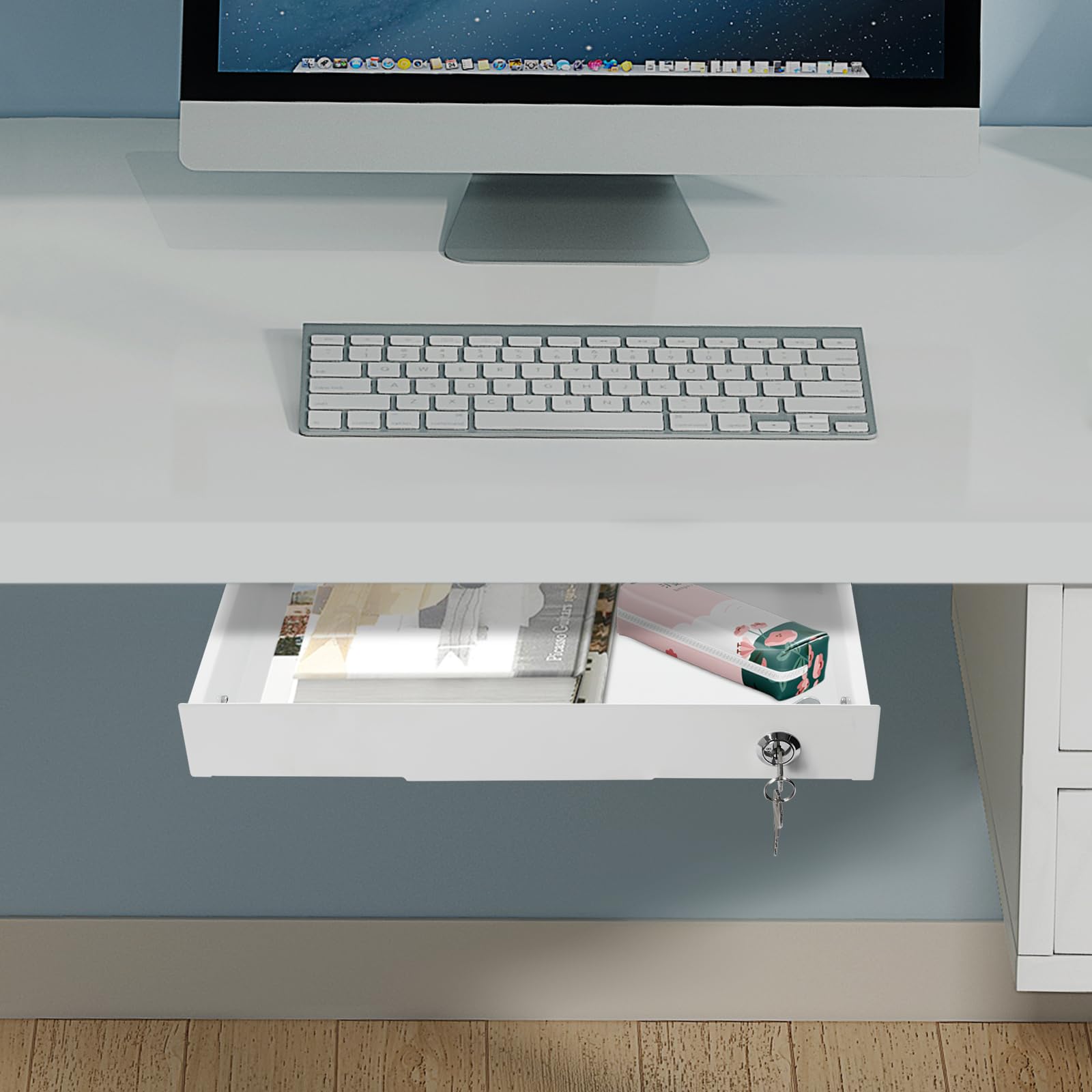 Organizador de Literatura de 14 Pulgadas con cajón extraíble y Cerradura, para Colocar Debajo del Escritorio, para escritorios de pie (Blanco)