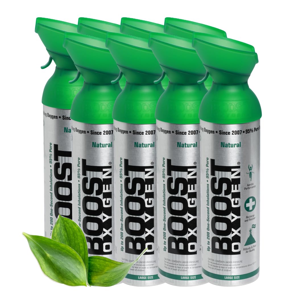 Boost Oxygen Portable Oxygen Cylinder with 95% Oxygen - 72L, 8x9L Oxygen Canister with Oxygen Mask for More Than 1200 Inhalations - Portable Oxygen Can, Oxygen for Home use (Natural Flavour)