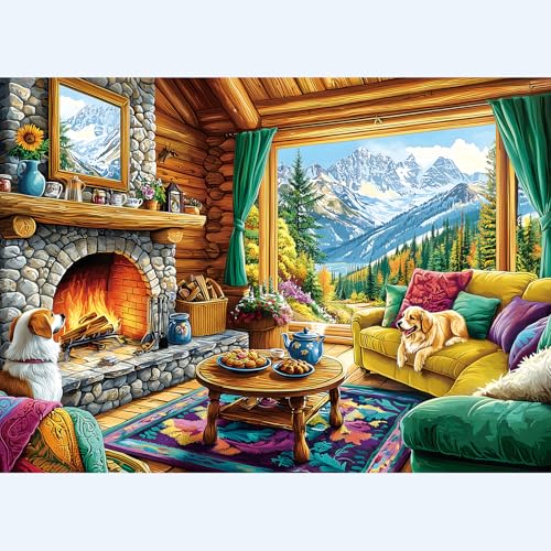 1000 Piece Puzzle for Adults Winter Cabin Snowy Landscape Adult Jigsaw Puzzles with Letters on Back Cozy Mountain Cabin Scene Puzzle Difficult Challenging Fun Puzzle by MINIWAN - Used condition - US$15.35