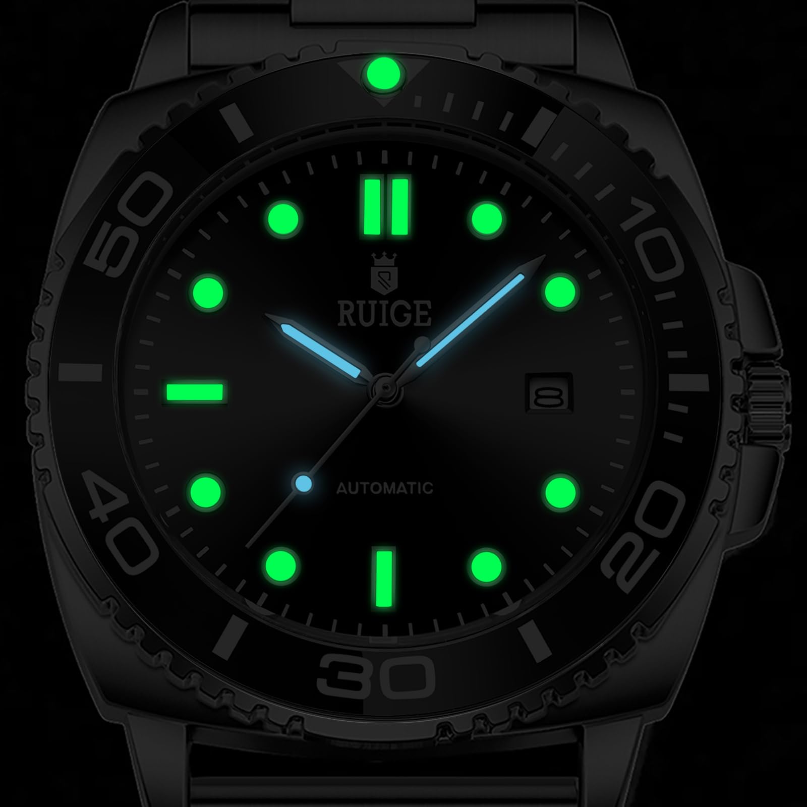 RUIGE Orologio meccanico completamente automatico da uomo, con calendario in acciaio inox, lunetta girevole, alla moda, alla moda, luce notturna, impermeabile, A8-2