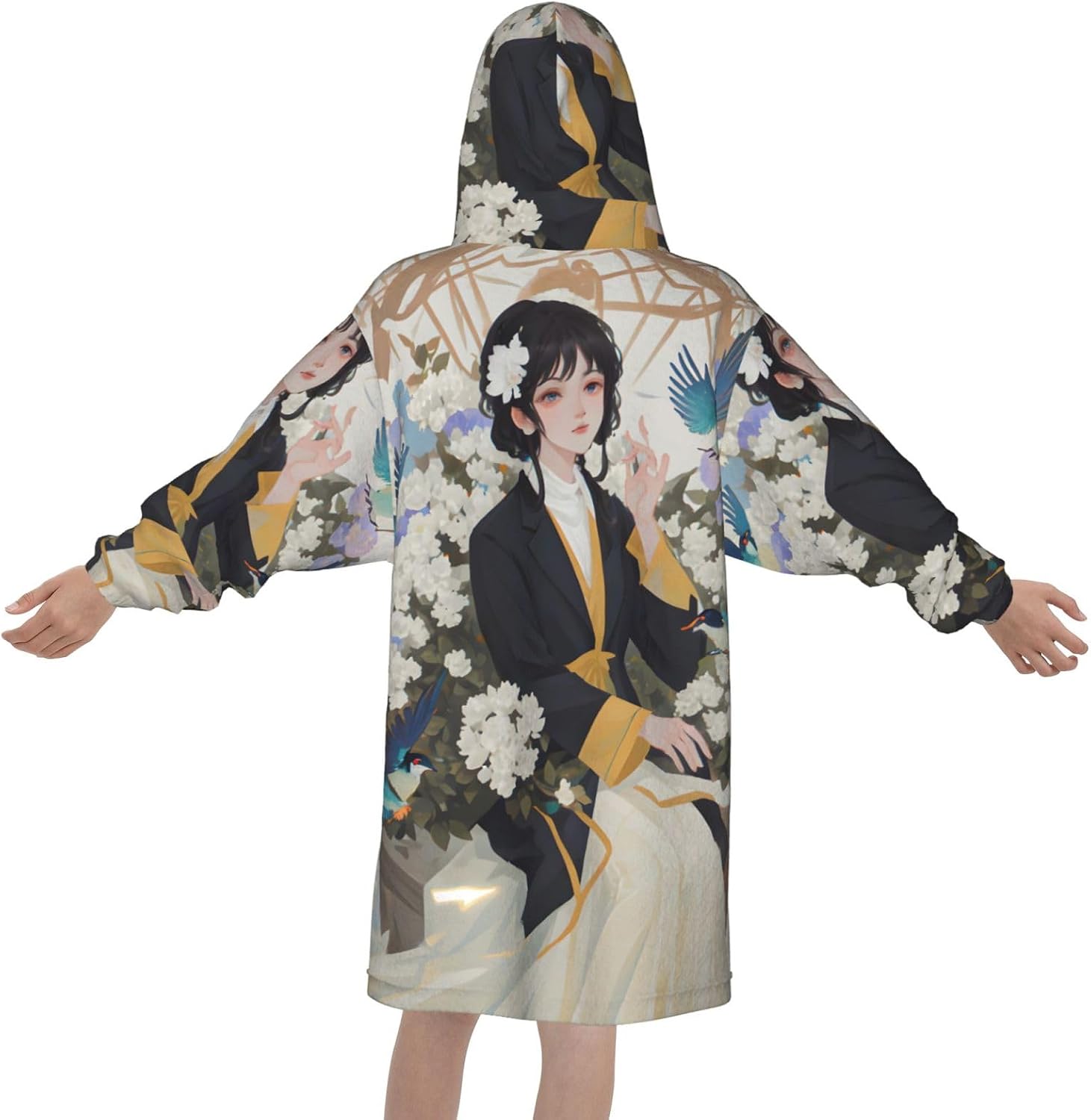 Gardenia Flowers Birds Print Oversized Blanket Hoodie, Wearable Blanket Hooded,Hooded Pullover With Pocket
