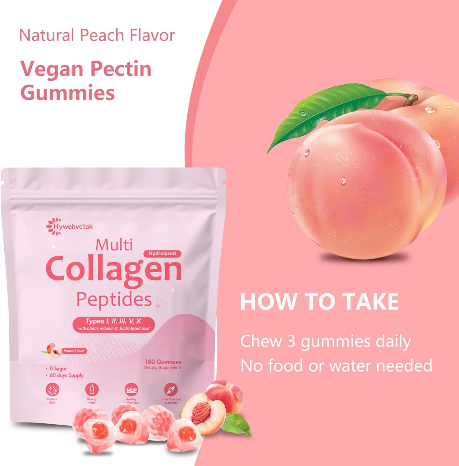 180 Count Marine Collagen Gummies for Women Men Sugar Free, Hydrolyzed Collagen Peptides Type I,II,III,V,X w/ 5000 Mcg Biotin,Hyaluronic Acid, Vitamin C A D E B6 B12 for Skin Hair Nails Bone Health - Image 6